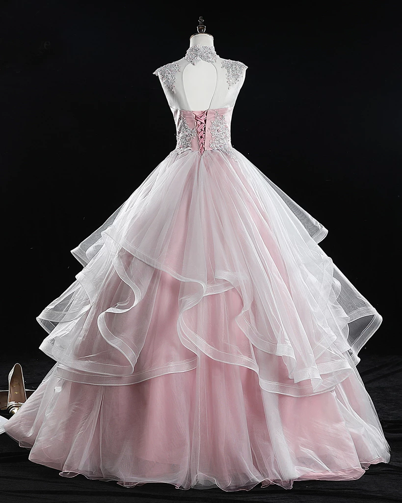 Pink High Neck Tulle Lace Long Prom Dress, Pink Sweet 16 Gown   cg15884