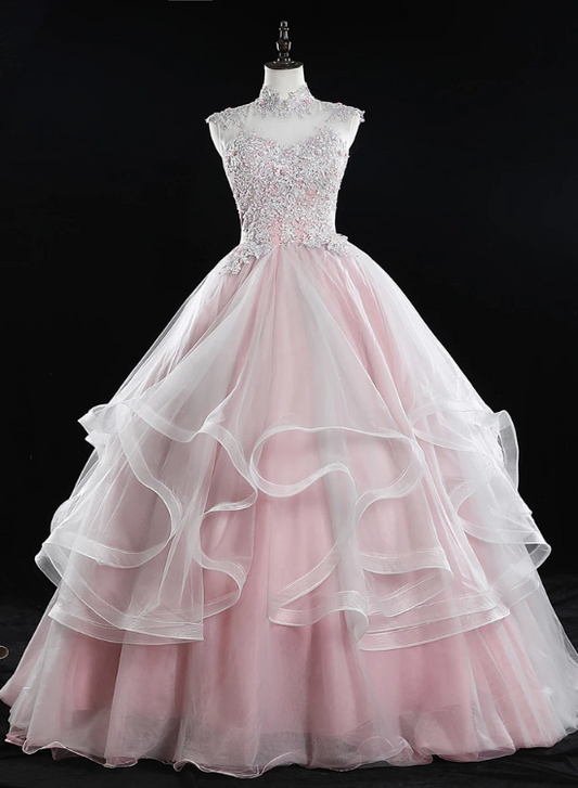 Pink High Neck Tulle Lace Long Prom Dress, Pink Sweet 16 Gown   cg15884