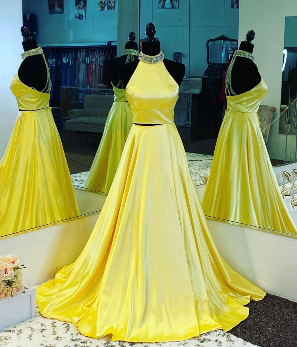 YELLOW SATIN LONG PROM DRESS TWO PIECES EVENING DRESS   cg15888