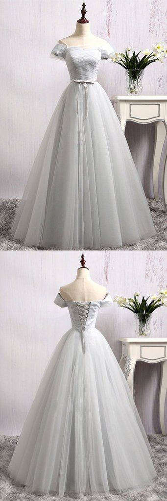 Simple gray tulle off shoulder long sweet 16 prom dress with sleeves   cg15889