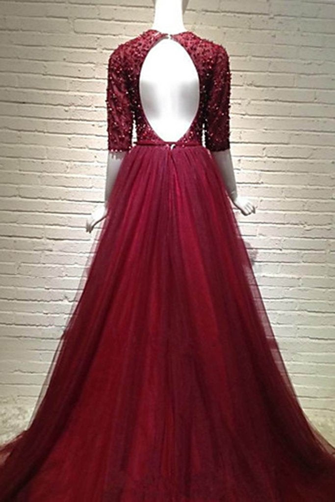 Wine tulle short sleeves sequins V-neck A-line long mother prom dress, evening dresses for prom   cg15901