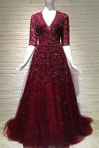 Wine tulle short sleeves sequins V-neck A-line long mother prom dress, evening dresses for prom   cg15901