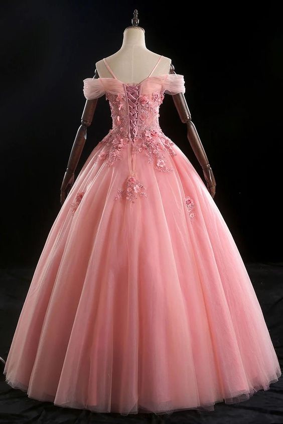 Pink Ball Gown Off Shoulder Prom Dress with Flowers   cg15902