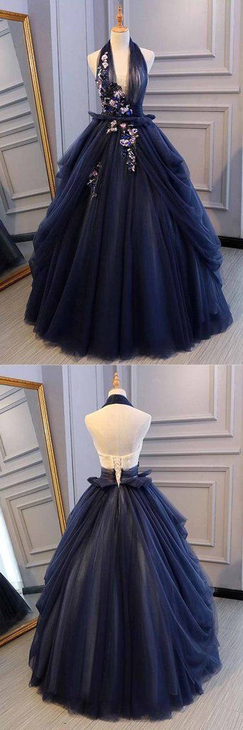 Navy Blue Tulle Backless V Neck Long Flower Lace Senior Prom Dress   cg15913