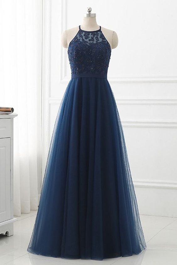 Navy Blue Lace Strapless Long Prom Dress, Tulle Bridesmaid Dress   cg15915