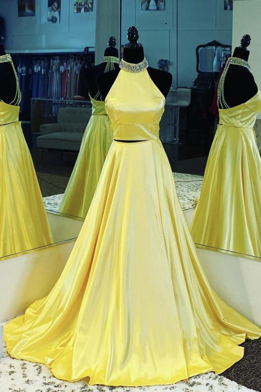 Yellow satin long prom dress two pieces evening dress   cg15934