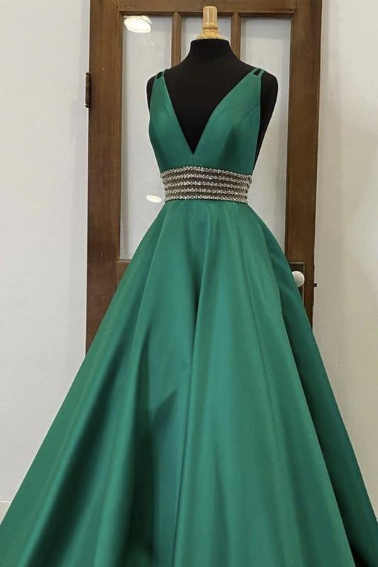 Green v neck satin long prom dress evening dress   cg15935