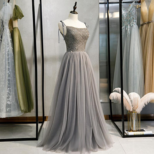 Grey Tulle Beaded Straps A-Line Long Formal Dress, New Prom Dress Party Dress   cg15939