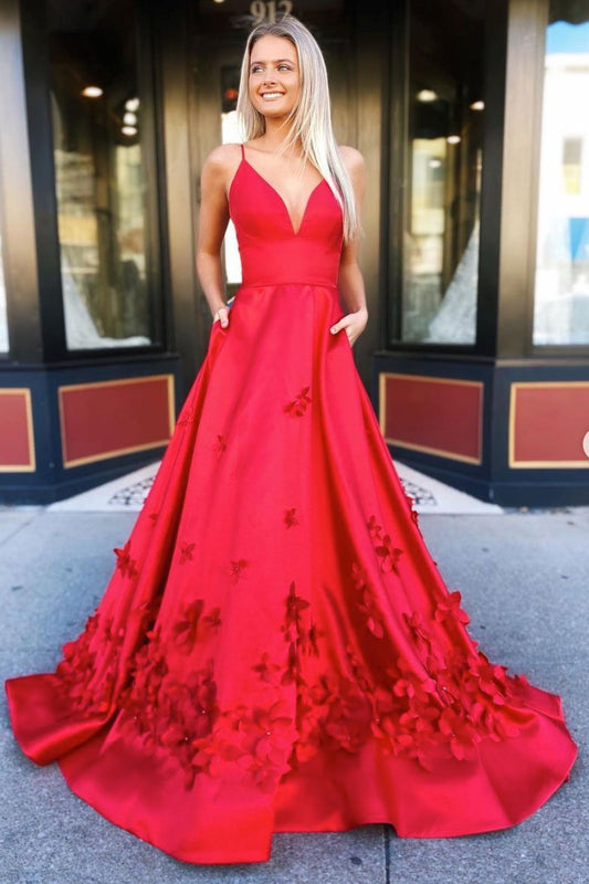 Red v neck satin long prom dress red satin long evening dress   cg15942