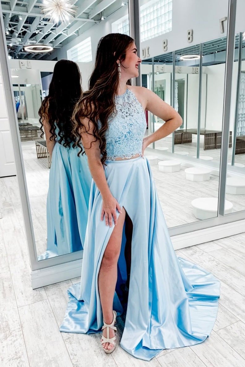 Blue two pieces lace satin long prom dress blue formal dress   cg15943