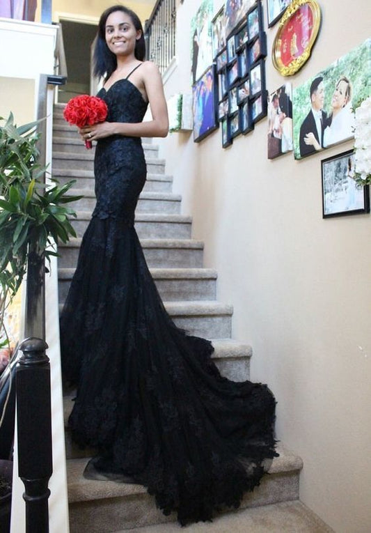A-line Straps Black Mermiad Long Prom Dress   cg15948