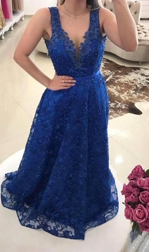 Royal-Blue Lace A-line Pearls V-Neck Prom Dresses    cg15952