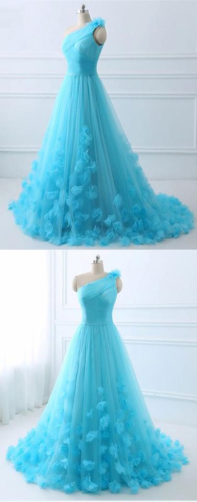 Blue tulle one shoulder long A-line customize evening dress, long pageant prom dress   cg15957