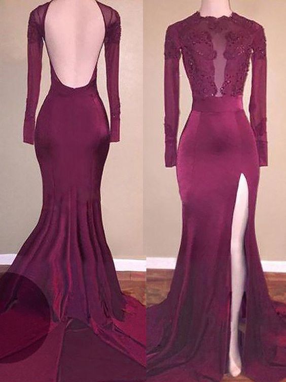 Trumpet/Mermaid Scoop Satin Long Sleeves Applique Sweep/Brush Train Prom Dresses   cg15970