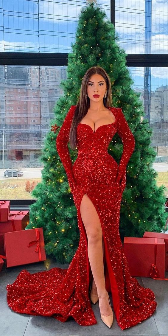 Long Sleeves Red Sequin Prom Dresses, Sexy Side Slit Mermaid Prom Dresses, 2021 Prom Dresses   cg15973