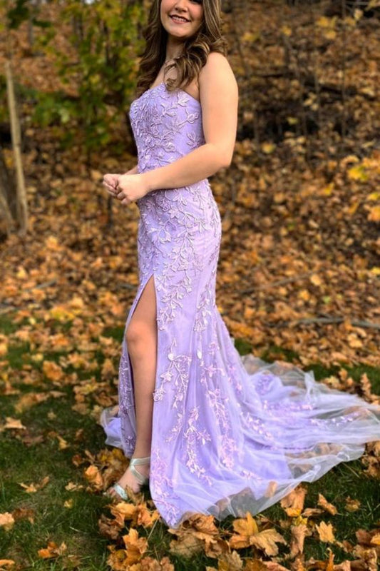 Strapless Lavender Lace Long Prom Dress with Slit   cg15988