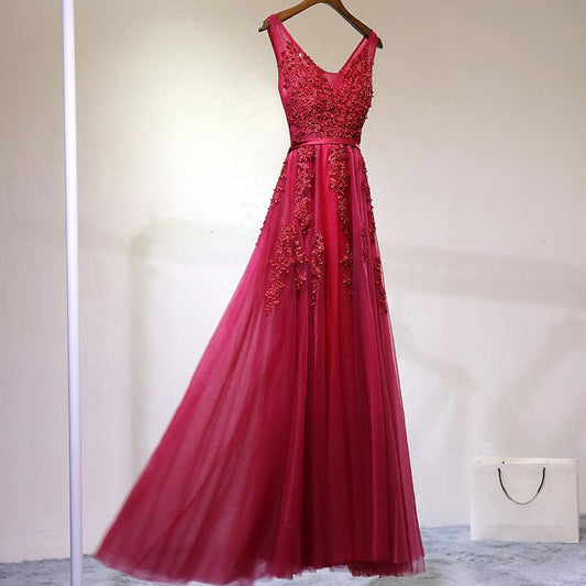 Fashionable Wine Red V Back Tulle Long Party Dress, A-Line Prom Dress   cg15993