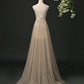 Champagne V-Neckline Tulle Sequins Long Party Dress, A-Line Formal Dress Prom Dress   cg15994