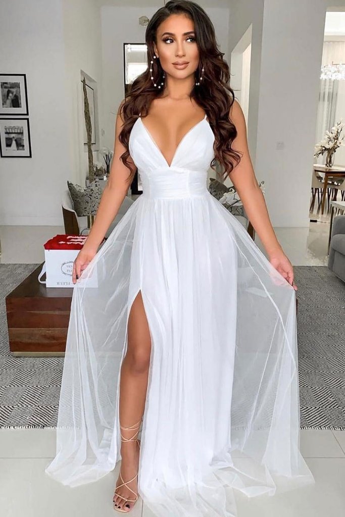 WHITE V NECK TULLE LONG PROM DRESS WHITE EVENING DRESS    cg15996