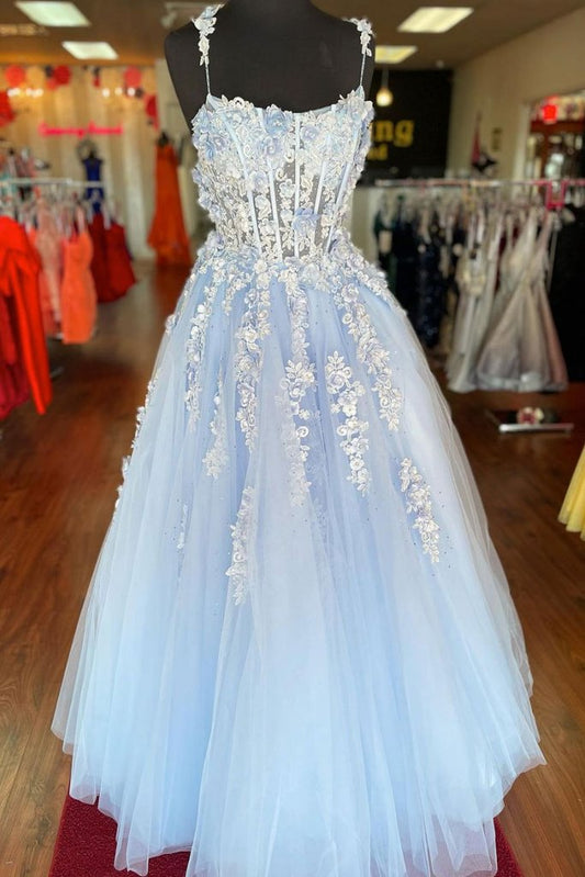 BLUE SWEETHEART TULLE LACE APPLIQUE LONG PROM DRESS LACE FORMAL DRESS   cg15997