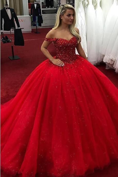 Sparkly Red Ball Gown Sweetheart Off Shoulder Prom Dress with Sequi   cg16003