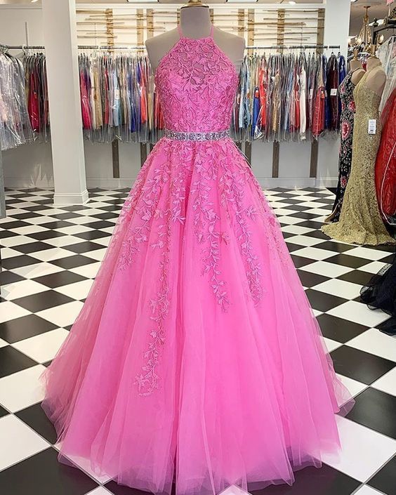 Halter Blush Pink Lace Applique Tulle Prom Dress with Beading Belt     cg16012