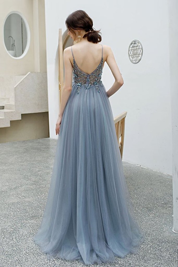 Elegant V Neck Backless Grey Long Beaded Prom Dress with Slit   cg16014