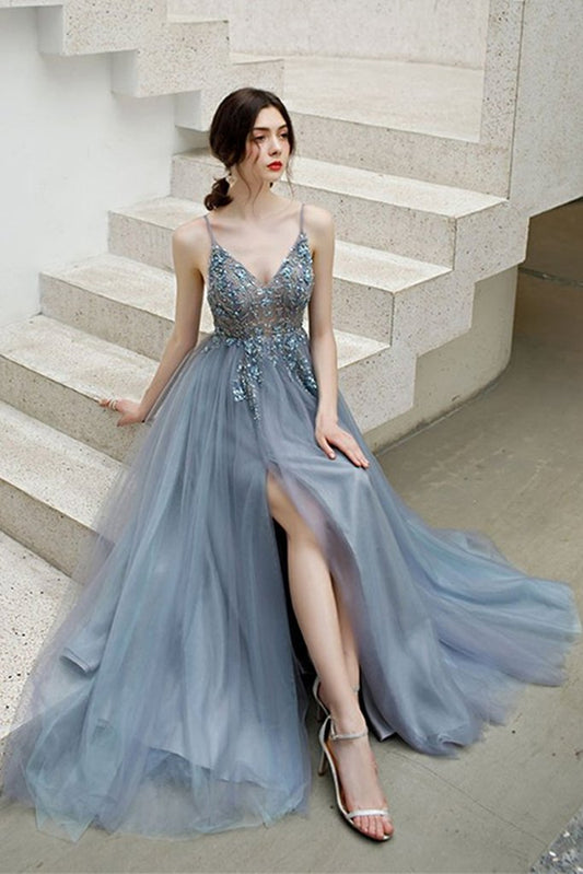Elegant V Neck Backless Grey Long Beaded Prom Dress with Slit   cg16014