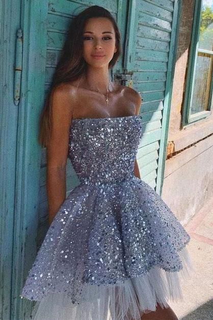 Blue Sequins Beaded Tulle Homecoming Dress,Strapless A Line Party Dress   cg16022