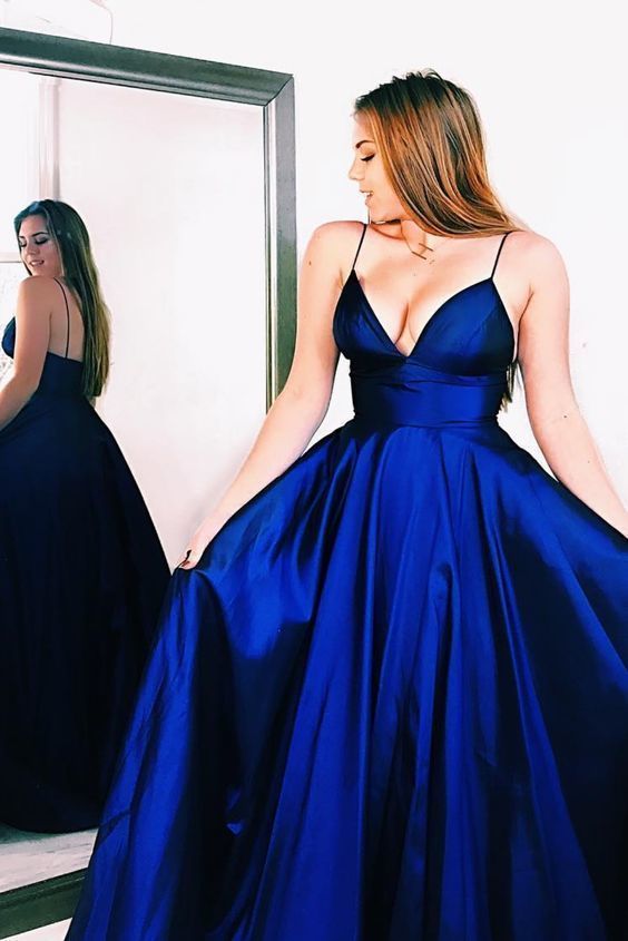 modest royal blue long prom dresses, spaghetti straps prom gowns,   cg16029