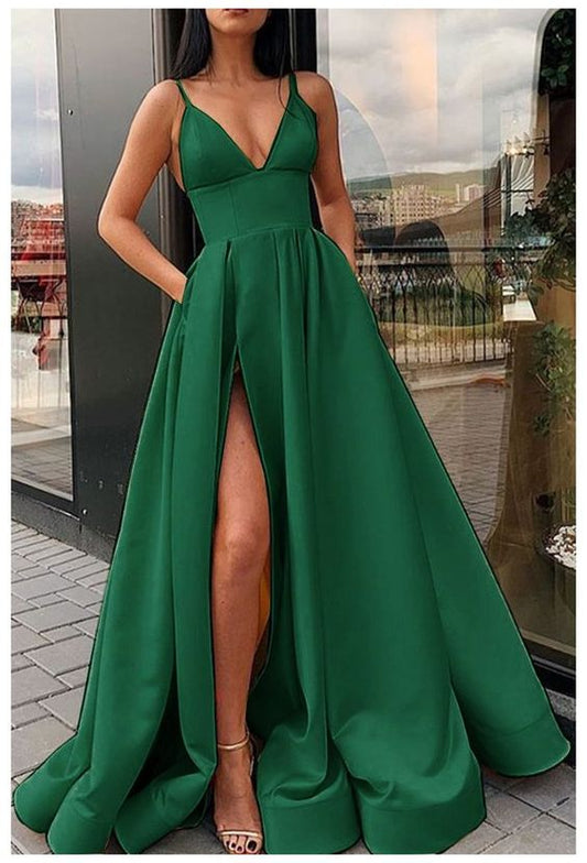 emerald green prom dress long with slit    cg16030