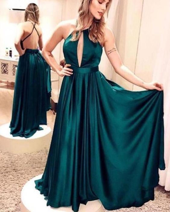 Beautiful Dark Green Satin Cross Back Long Evening Formal Gowns, Sexy Party Dresses, Prom Dresses   cg16035