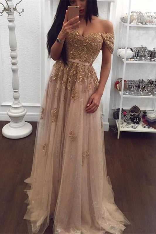 Elegant Tulle Long Champagne Prom Dresses   cg16048