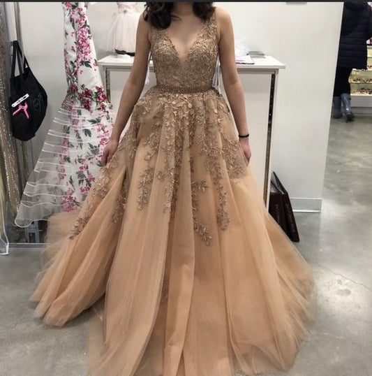 Elegant Tulle Long Champagne Prom Dresses   cg16049