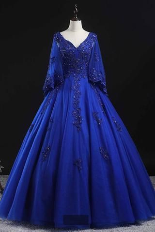 blue tulle v neck off shoulder long customize prom dress, party dress with sleeves   cg16063