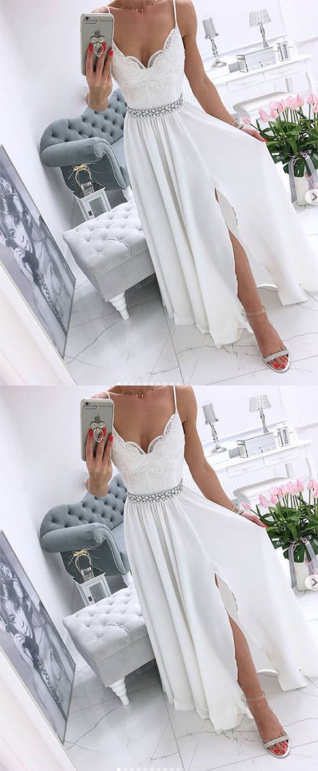 White v neck chiffon long prom dress, white evening dress cg1607