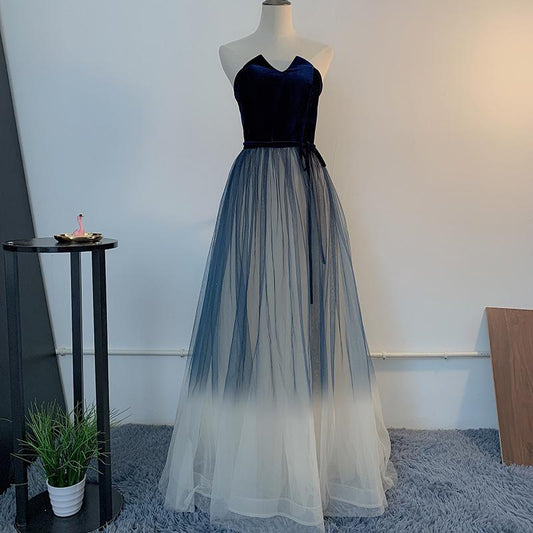 Unique Navy Blue Gradient Tulle With Velvet Top Prom Dress, Tulle Long Party Dress Formal Dress   cg16075