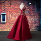 Dark Red Round Neckline Satin Prom Dress With Lace Applique, Long Evening Dress   cg16079