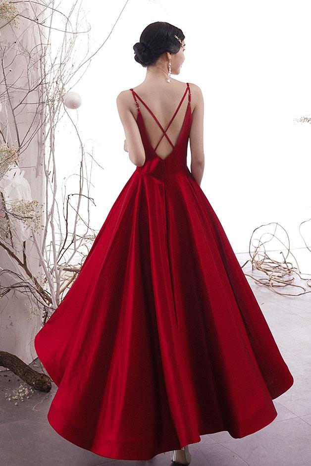 Simple burgundy satin prom dress, burgundy evening dress cg1608