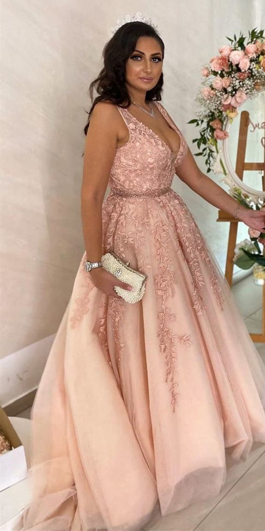 Elegant Pink Long Prom Dress with Lace Appliques   cg16085