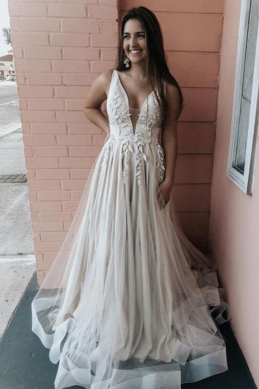 A-Line V Neck Appliqued Satin and Tulle Ivory Prom Dress   cg16088