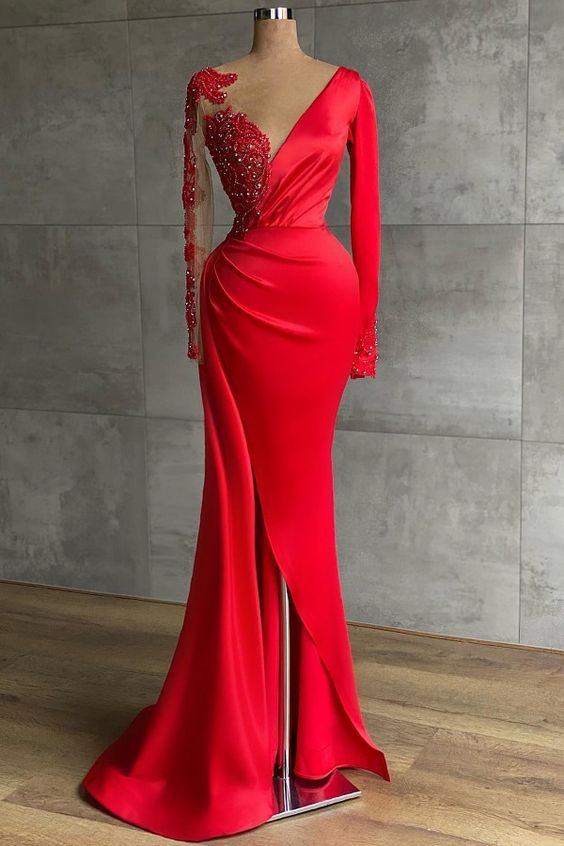 Red evening dress long | Prom dresses with sleeves   cg16094
