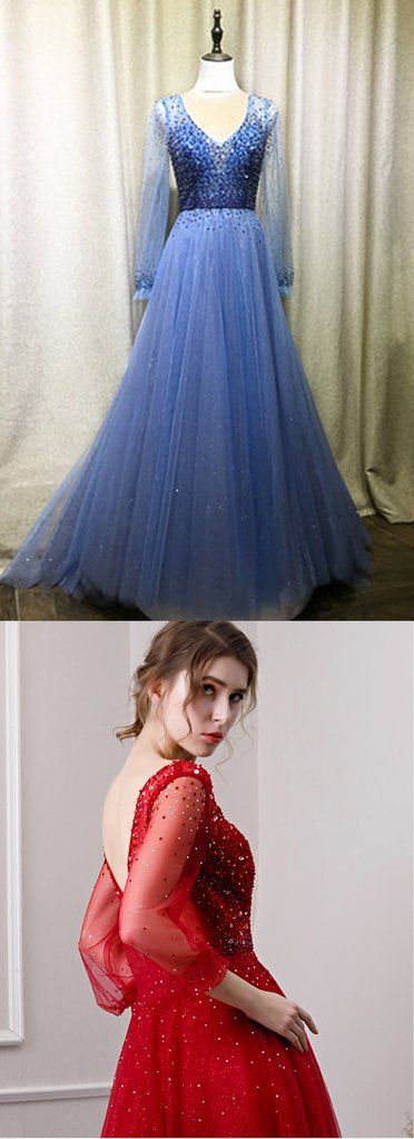 Blue Tulle Open Back Long A Line Evening Dress Prom Dress With Long Sleeves   cg16098