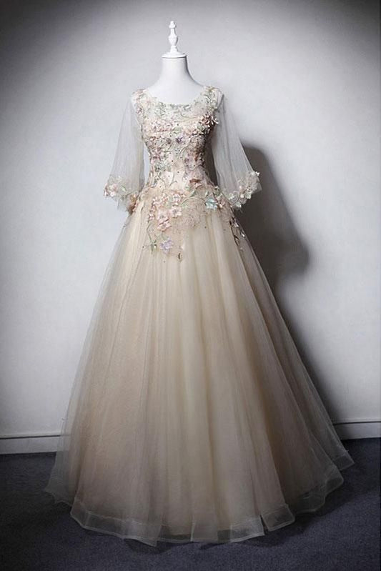 Light Champagne Mid Sleeve Long Lace Up Senior Prom Dress With Applique   cg16103