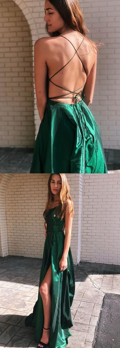 Elegant Prom Dresses Dark Green, Long Prom Dresses With Slit, A Line Prom Dresses Open Back   cg16116