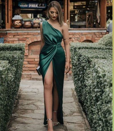 one shoulder dark green slit side prom dresses   cg16117