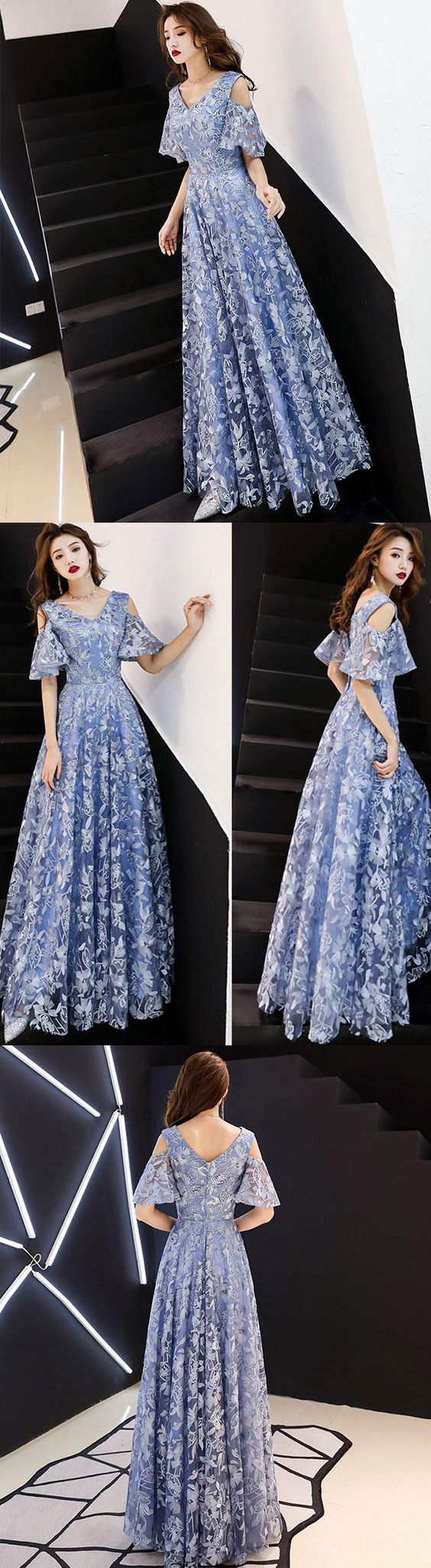 Blue v neck lace long prom dress, blue evening dress cg1612