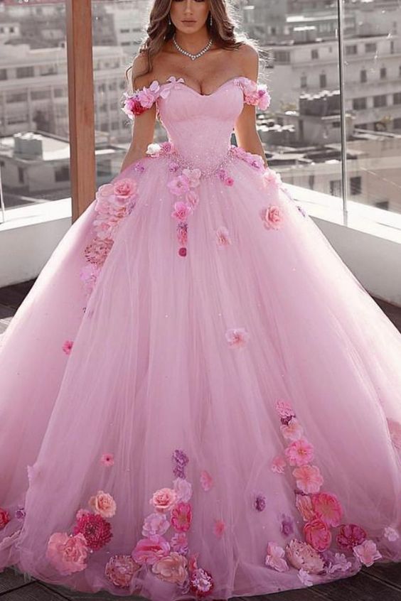 Beautiful Blush Pink Wedding Dress With Floral Flowers prom dress cg16 ...