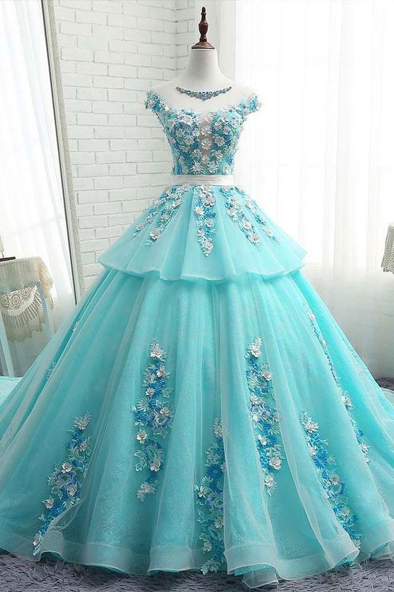 Green Scoop Neck Sleeveless Tiered A Line Prom Dresses Lace Applique Evening Dresses  cg1614