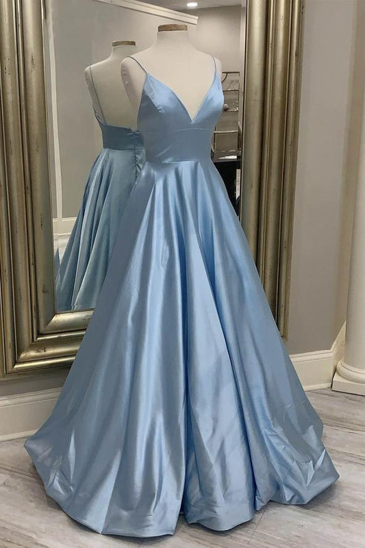 Blue v neck satin long prom dress evening dress   cg16140